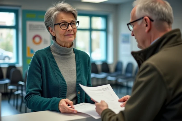 Conseillère Pôle emploi remettant un document à un demandeur d'emploi à l'accueil de l'agence