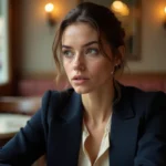 Actrice française aux cheveux bruns dans un café parisien, portrait éditorial pour article biographie