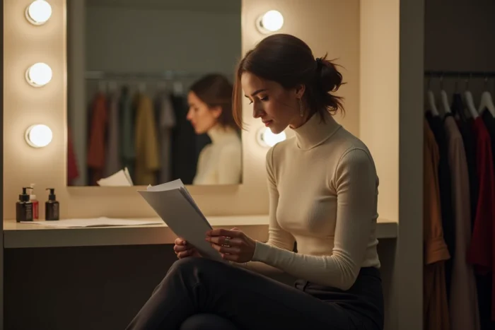 Actrice française en coulisses lisant un script dans une loge, photo documentaire biographie théâtre cinéma