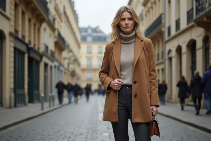 Actrice dans une rue pavée parisienne en manteau camel, photo éditoriale biographie célébrité française
