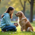 Adolescente de 15 ans s'occupant d'un golden retriever dans un parc, illustrant le pet sitting chez les jeunes