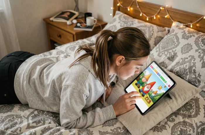 Adolescente allongée sur son lit jouant au jeu Google Doodle du nain de jardin sur une tablette