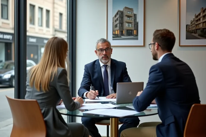 Réunion entre un agent immobilier et des clients dans une agence moderne discutant des tendances du marché