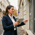 Agent immobilière présentant un appartement moderne dans une rue parisienne haussmannienne en automne