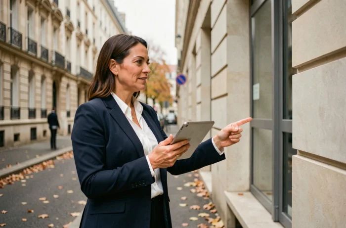 Agent immobilière présentant un appartement moderne dans une rue parisienne haussmannienne en automne