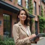 Femme agent immobilier devant un loft industriel atypique en brique dans un quartier urbain tendance