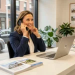 Agente immobilière professionnelle au téléphone dans une agence moderne avec des brochures immobilières sur le bureau