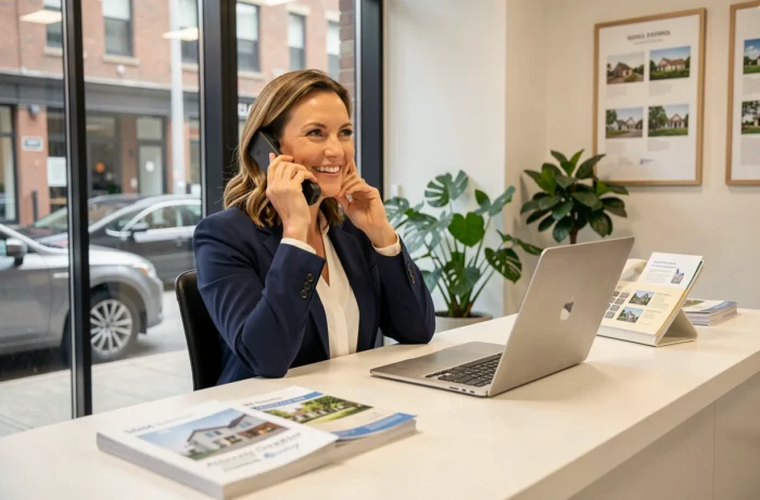Agente immobilière professionnelle au téléphone dans une agence moderne avec des brochures immobilières sur le bureau