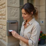 Femme collant une étiquette de nom sur une boîte aux lettres en acier inoxydable à l'entrée d'un immeuble résidentiel en pierre
