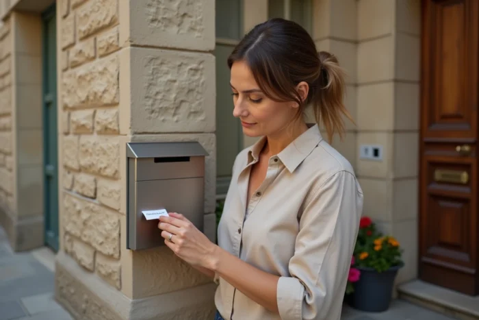 Femme collant une étiquette de nom sur une boîte aux lettres en acier inoxydable à l'entrée d'un immeuble résidentiel en pierre
