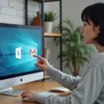 Femme ajoutant des raccourcis Gmail et Google sur un bureau Windows depuis un ordinateur de bureau à domicile