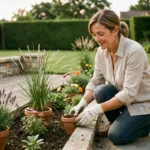 Femme aménageant un parterre de fleurs sur une terrasse en pierre avec des plantes en pot, dans un jardin moderne et verdoyant