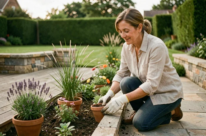 Femme aménageant un parterre de fleurs sur une terrasse en pierre avec des plantes en pot, dans un jardin moderne et verdoyant