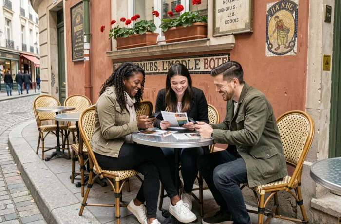 Groupe d'amis parisiens consultant les événements et actualités culturelles à une terrasse de café dans le Marais