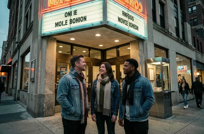 Groupe d'amis cinéphiles devant une façade de cinéma art déco au crépuscule en ville