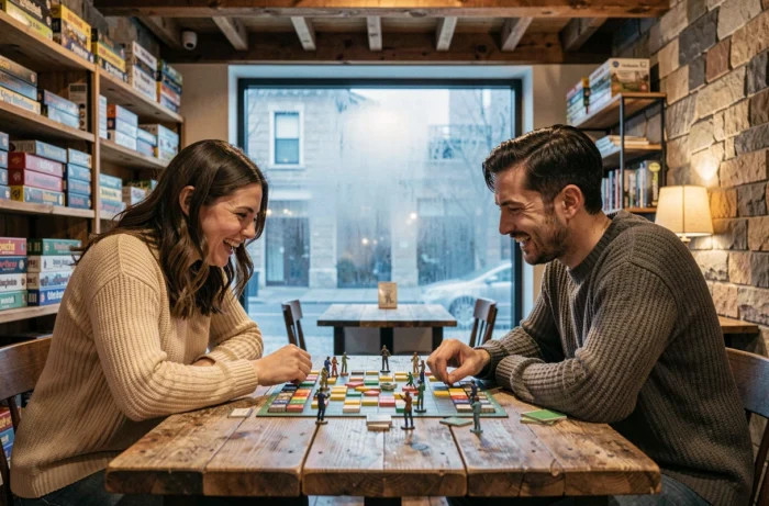 Deux amis jouant à un jeu de société dans un café ludique, loisir convivial pour passer un bon moment