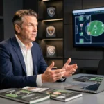 Analyste football en studio de télévision devant un tableau tactique numérique