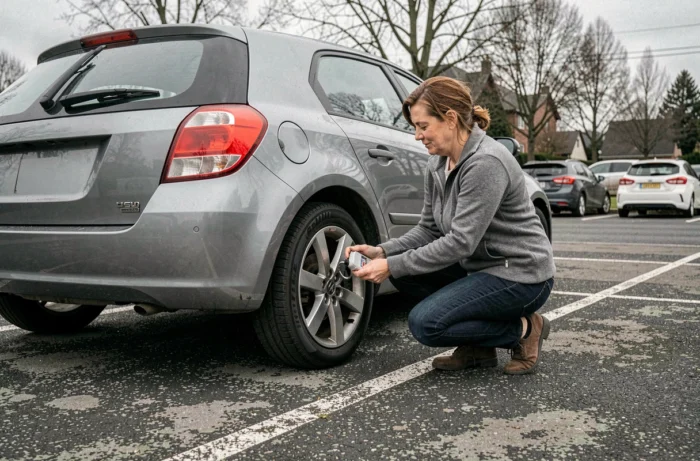 Femme installant un antivol de volant sur sa voiture dans un parking extérieur urbain