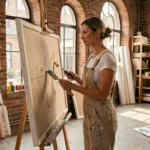 Artiste femme en salopette de lin peinte travaillant sur une grande toile dans un atelier créatif aux murs de briques apparentes