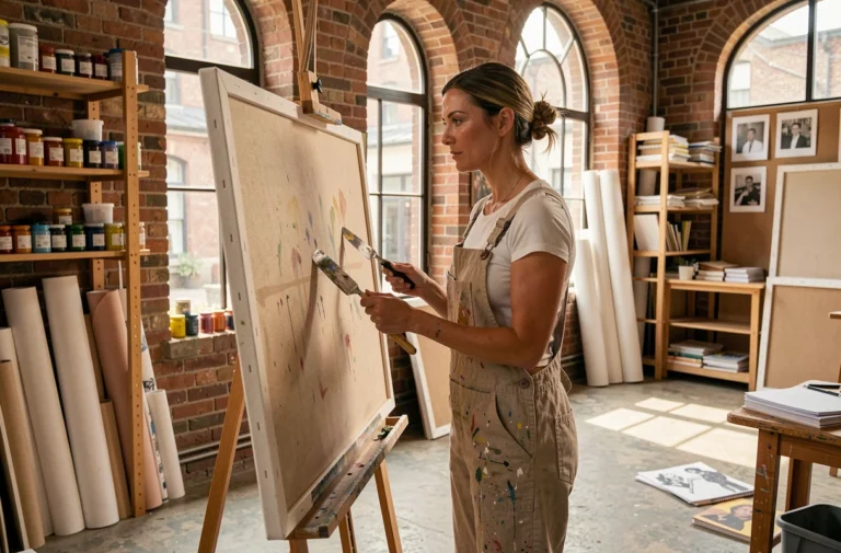 Artiste femme en salopette de lin peinte travaillant sur une grande toile dans un atelier créatif aux murs de briques apparentes