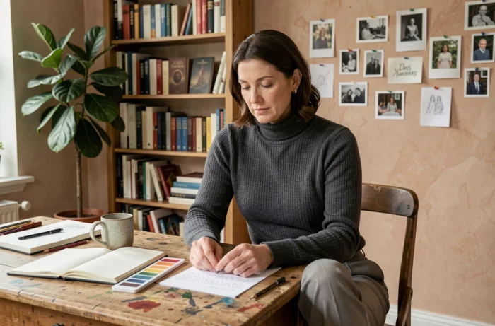 Femme artiste aux talents multiples assise à un bureau en chêne avec carnets de croquis et aquarelles dans un studio personnel chaleureux