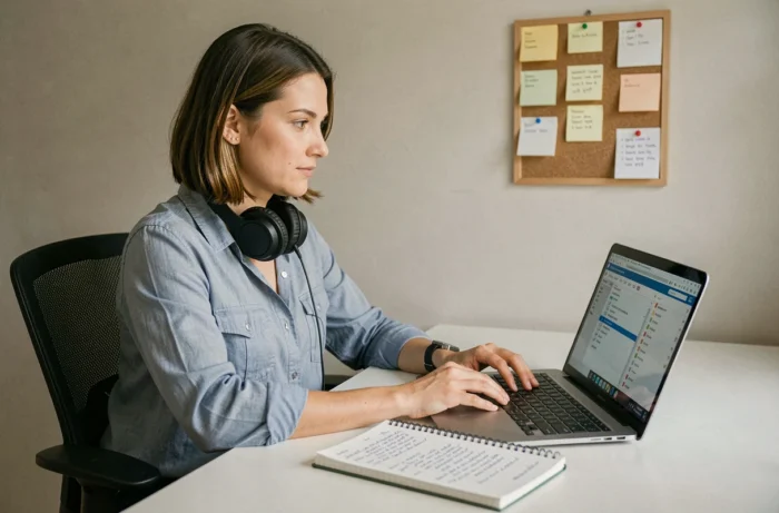 Femme travaillant en tant qu'assistante virtuelle pour des entrepreneurs depuis son bureau à domicile