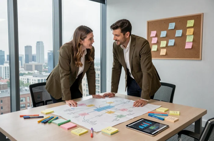 Deux associés en startup discutant d'une feuille de route stratégique autour d'une table de réunion moderne