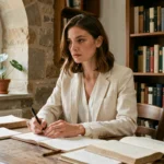 Femme française dans les trente ans assise à un bureau parisien vintage entourée de livres et de notes manuscrites, évoquant les origines intellectuelles et la vie privée d'Aurore Malval