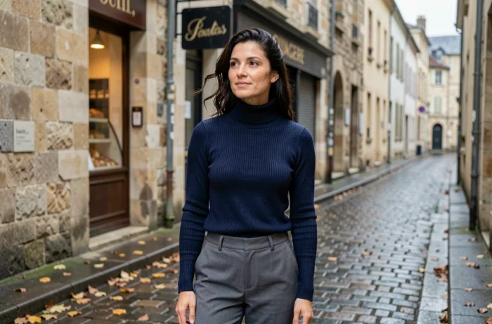 Femme française en pull col roulé marine debout dans une rue pavée d'une ville de province française entourée de façades en pierre, illustrant le parcours et les influences régionales d'Aurore Malval