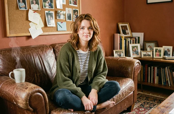 Femme aux cheveux auburn en cardigan kaki assise sur un canapé en cuir entouré de photos de famille et de souvenirs personnels, illustrant la vie privée et les influences familiales d'Aurore Malval