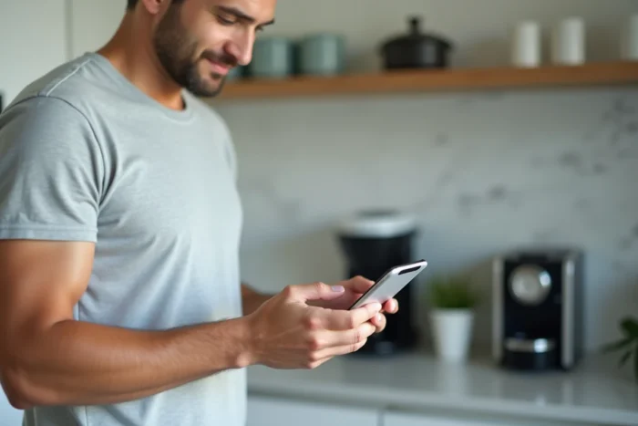 Homme authentifiant un paiement mobile sécurisé via une application bancaire sur smartphone