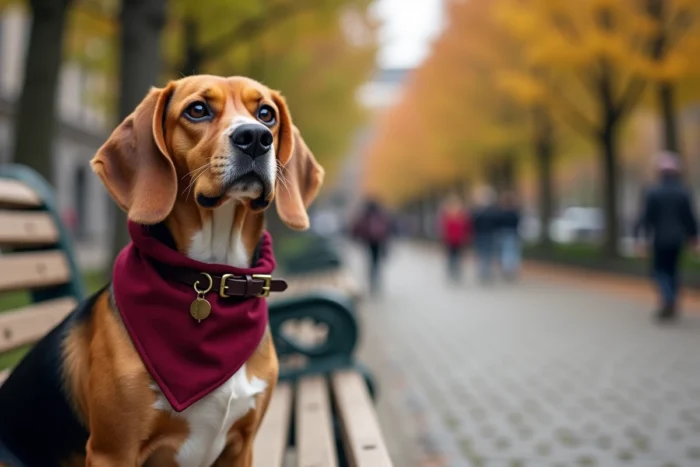 Beagle élégant portant un bandana bordeaux et un collier en cuir dans un parc urbain en automne