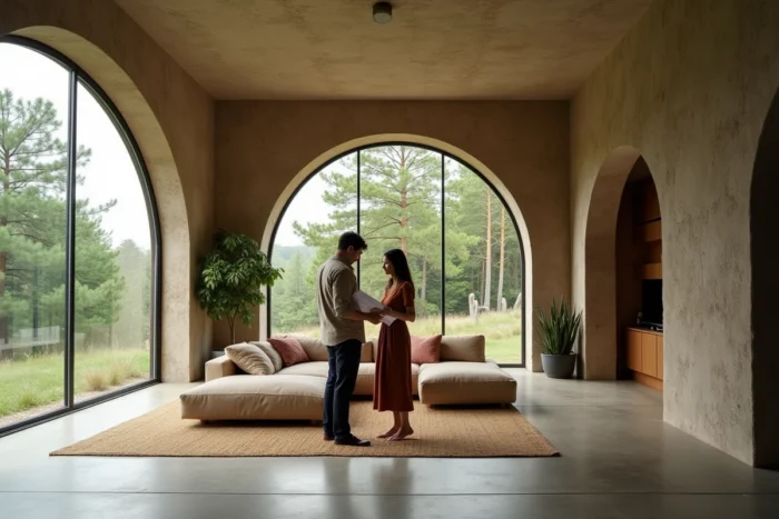 Couple visitant un bien immobilier atypique dans un château d'eau reconverti en habitation de luxe