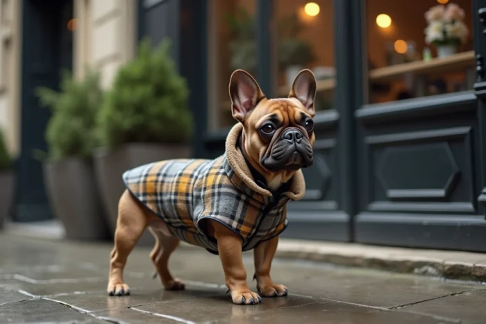 Bouledogue français portant un manteau à carreaux élégant devant une façade parisienne classique sur un trottoir mouillé