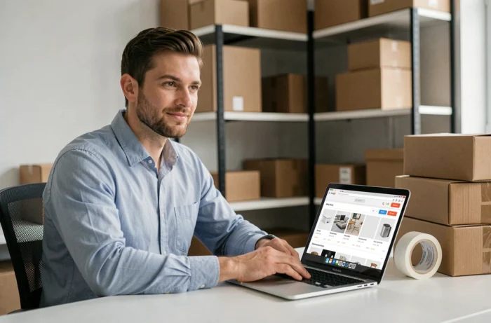 Homme gérant une boutique de dropshipping en ligne depuis son domicile avec un ordinateur portable