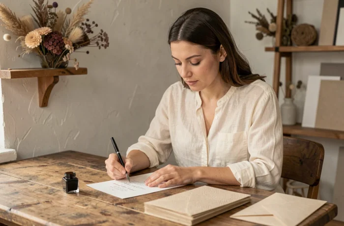 Femme calligraphiant un faire-part de mariage à la plume sur un bureau en bois dans un atelier de design