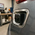 Caméra de recul intégrée dans la poignée de hayon d'un SUV compact T-Roc en gris métallisé, vue en gros plan détaillée