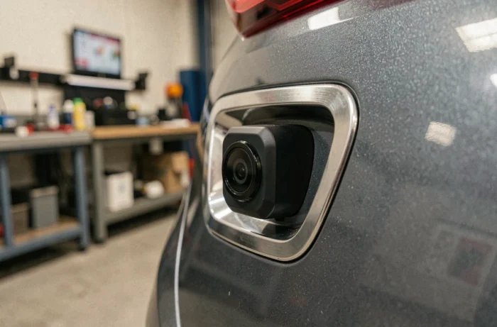 Caméra de recul intégrée dans la poignée de hayon d'un SUV compact T-Roc en gris métallisé, vue en gros plan détaillée