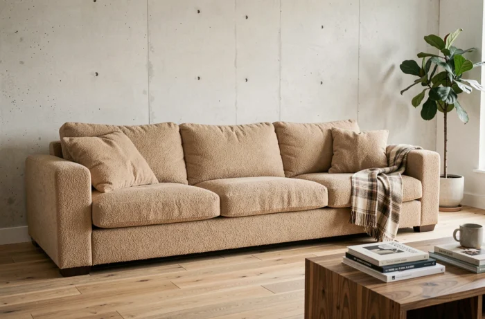Canapé scandinave en bouclette beige dans un salon moderne aux tons naturels avec parquet chêne et décoration épurée