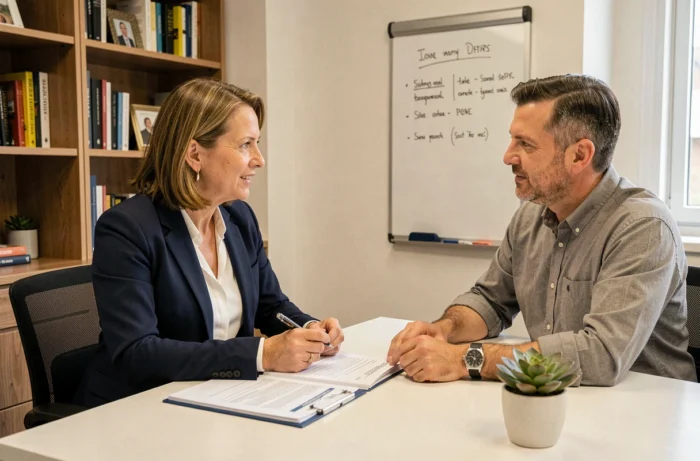 Consultante RH en temps partagé échangeant avec un dirigeant de PME sur des documents de gestion des ressources humaines dans un petit bureau conseil
