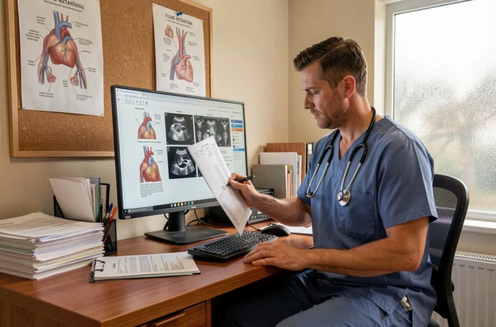Cardiologue analysant des résultats d'imagerie pour diagnostiquer les causes d'une anasarque chez l'adulte