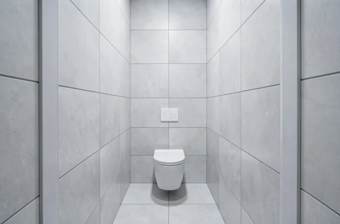 Carrelage grand format 120x60 cm posé bord à bord du sol au plafond dans de petites toilettes suspendues créant une continuité visuelle verticale sans joint apparent