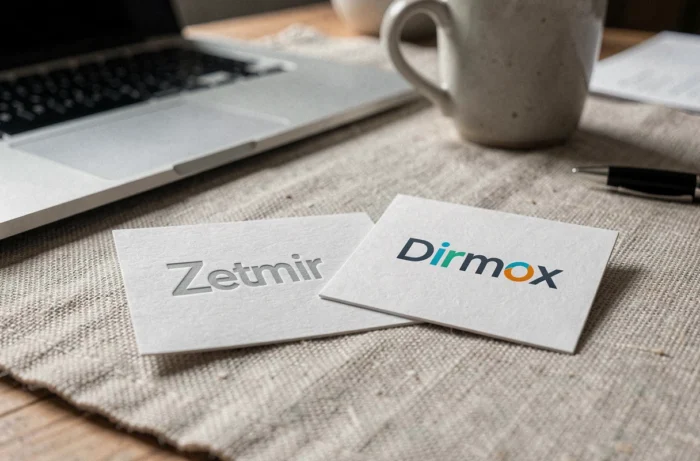 Deux cartes de visite côte à côte illustrant la transition de l'identité visuelle de Zetmir vers Dirmox en 2024