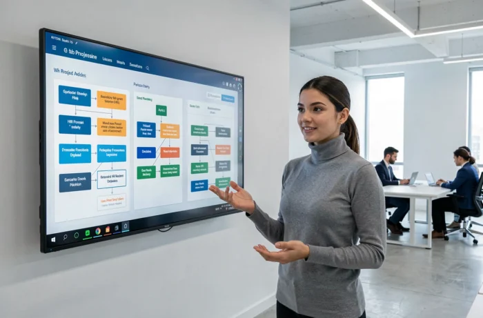 Responsable de projet RH digitale présentant des processus RH modulaires sur un grand écran tactile dans un bureau technologique moderne illustrant la digitalisation complète