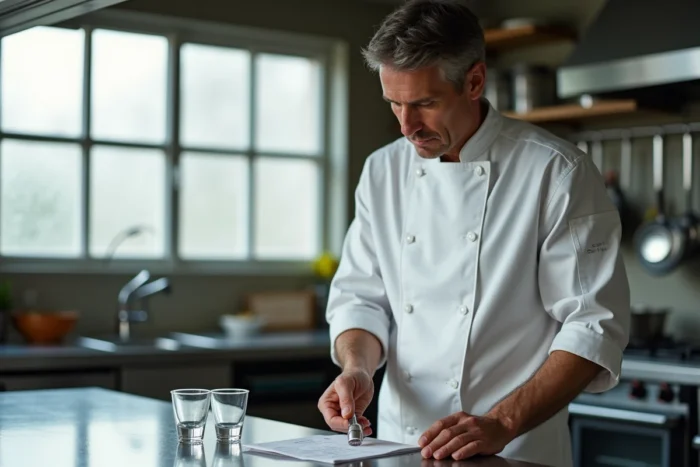Chef cuisinier comparant un verre doseur de 60 ml et un pichet gradué en centilitres dans une cuisine professionnelle