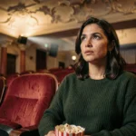 Cinéphile passionnée dans une salle de cinéma vintage aux fauteuils rouges en velours
