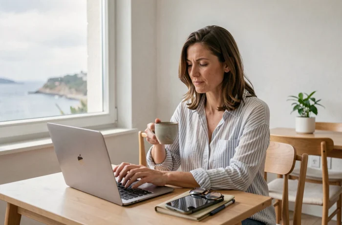 Femme rédigeant un avis client sur son ordinateur dans un appartement de résidence de vacances
