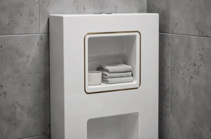 Coffrage de bâti-support transformé en niche technique encastrée avec rangement serviettes et porte-savon en laiton brossé dans des toilettes carrelées gris béton