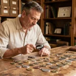 Collectionneur adulte examinant des médailles religieuses et objets de dévotion sur une table en bois dans un bureau chaleureux