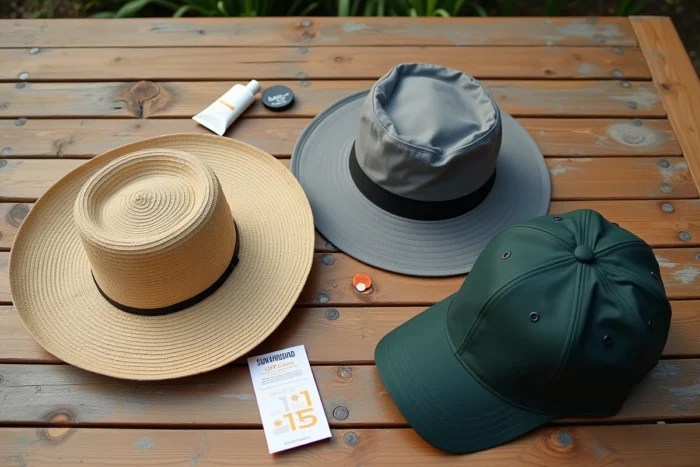 Comparaison de trois casquettes de protection solaire pour crâne chauve posées sur une table en bois, avec étiquettes UPF visibles